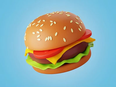 Appetizing Hamburger with Sesame Seed Bun Tomato Crisp Lettuce Melted Cheese Juicy Patty Blue Background 3d model