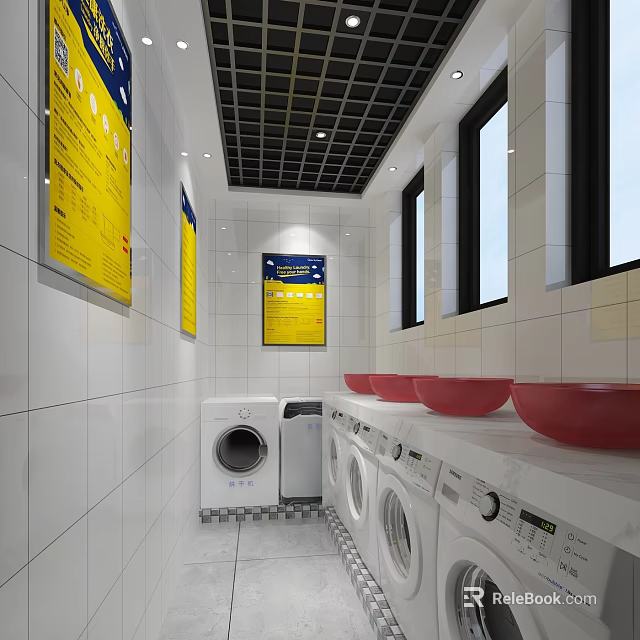 Laundry Room Interior With White Tiled Walls Washing Machines Red Basins And Yellow Signs 3d model 