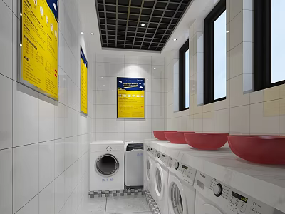 Laundry Room Interior With White Tiled Walls Washing Machines Red Basins And Yellow Signs 3d model