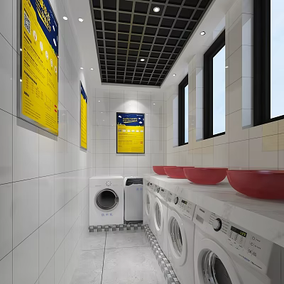 Laundry Room Interior With White Tiled Walls Washing Machines Red Basins And Yellow Signs 3d model