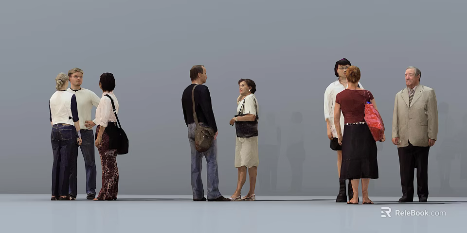 Multiple People Standing Interacting in Casual Attire With Bags on Neutral Background 3d model 
