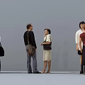 Multiple People Standing Interacting in Casual Attire With Bags on Neutral Background