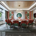 Chinese Style Private Dining Room With Round Table Red Chairs And Chandelier