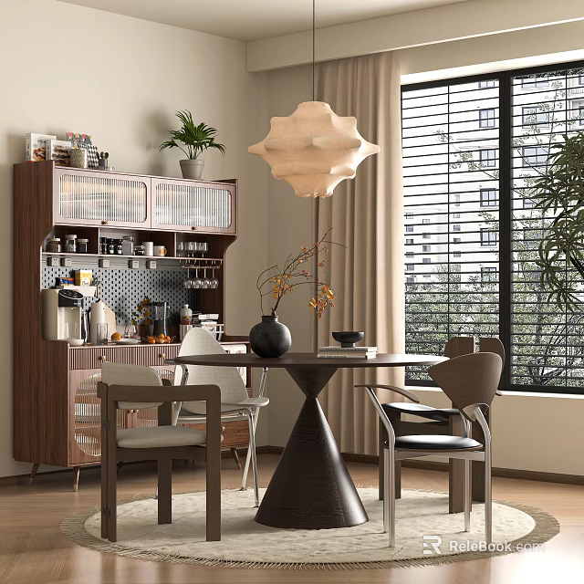 Cozy Modern Restaurant Area Featuring Round Dining Table Wooden Cabinet Pendant Light And Window Blinds 3d model 