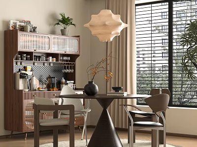 Cozy Modern Restaurant Area Featuring Round Dining Table Wooden Cabinet Pendant Light And Window Blinds 3d model