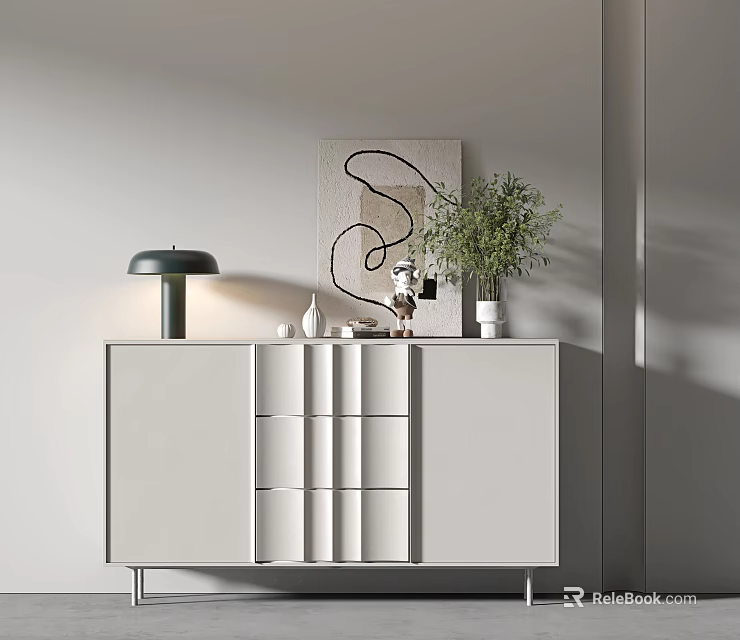 Modern White Entryway Console Cabinet With Decorative Lamp Green Plant Artwork And Metal Legs 3d model 
