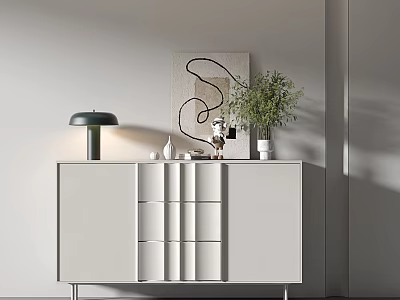 Modern White Entryway Console Cabinet With Decorative Lamp Green Plant Artwork And Metal Legs 3d model