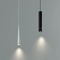 Modern Two Pendant Lights White Conical And Black Cylindrical Design Hanging Gray Background