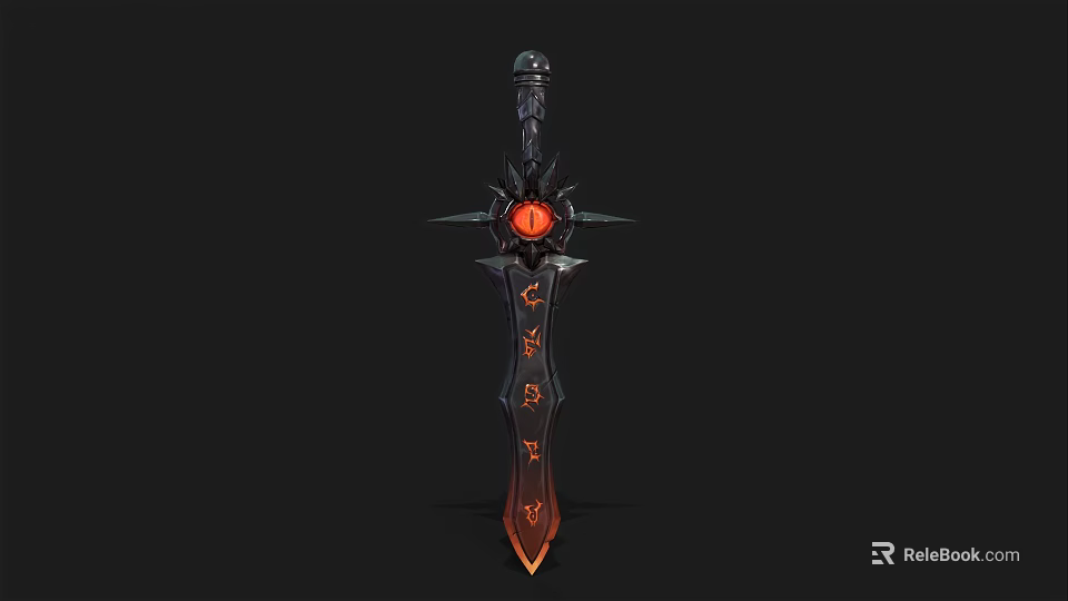 Ornate Dark Fantasy Sword With Black Hilt Central Red Gem And Orange Decorative Patterns 3d model 