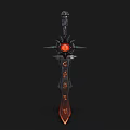 Ornate Dark Fantasy Sword With Black Hilt Central Red Gem And Orange Decorative Patterns