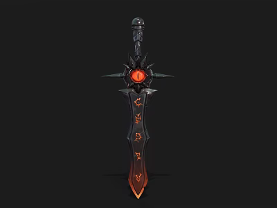 Ornate Dark Fantasy Sword With Black Hilt Central Red Gem And Orange Decorative Patterns 3d model