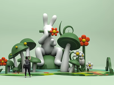 Giant White Rabbit Sculpture Holding Red Flower With Green Mushrooms And Colorful Flowers 3d model