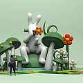 Giant White Rabbit Sculpture Holding Red Flower With Green Mushrooms And Colorful Flowers