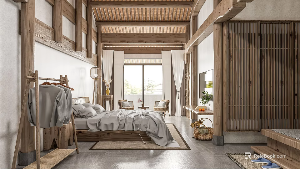 Chinese Style Hotel Room With Wooden Ceiling Large Bed And Natural Light Windows 3d model 