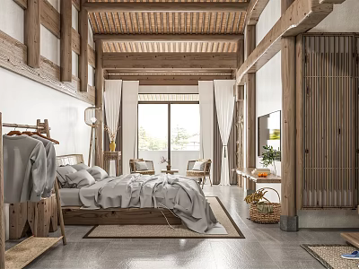 Chinese Style Hotel Room With Wooden Ceiling Large Bed And Natural Light Windows 3d model