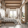 Chinese Style Hotel Room With Wooden Ceiling Large Bed And Natural Light Windows