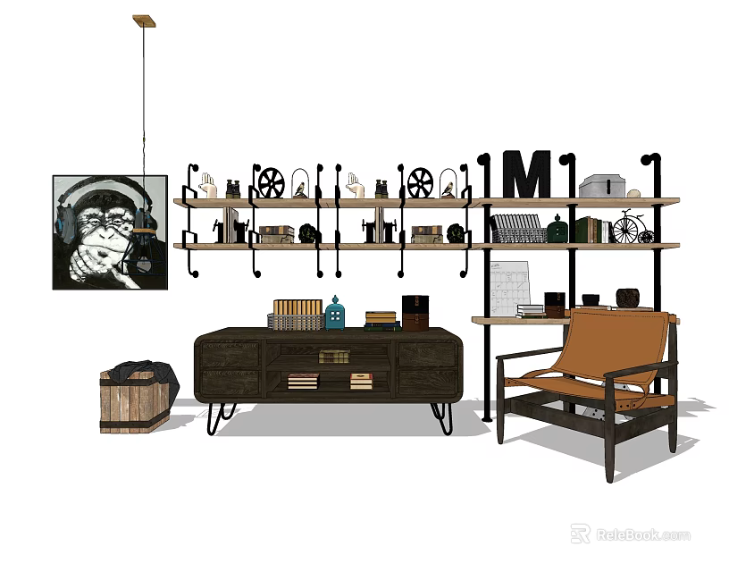 Industrial Entryway Side Cabinet Design With Storage Shelves And Decorative Ornaments 3d model 