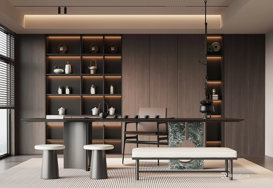 Modern Tea Room Design With Dark Wooden Shelves Tea Sets Marble Table And Soft Lighting 3d model 