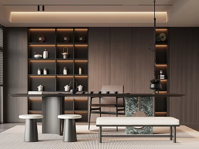 Modern Tea Room Design With Dark Wooden Shelves Tea Sets Marble Table And Soft Lighting 3d model
