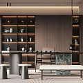 Modern Tea Room Design With Dark Wooden Shelves Tea Sets Marble Table And Soft Lighting