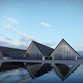 Modern Detached Villa with Glass Curtain Walls Unique Roof Design and Water Reflection View