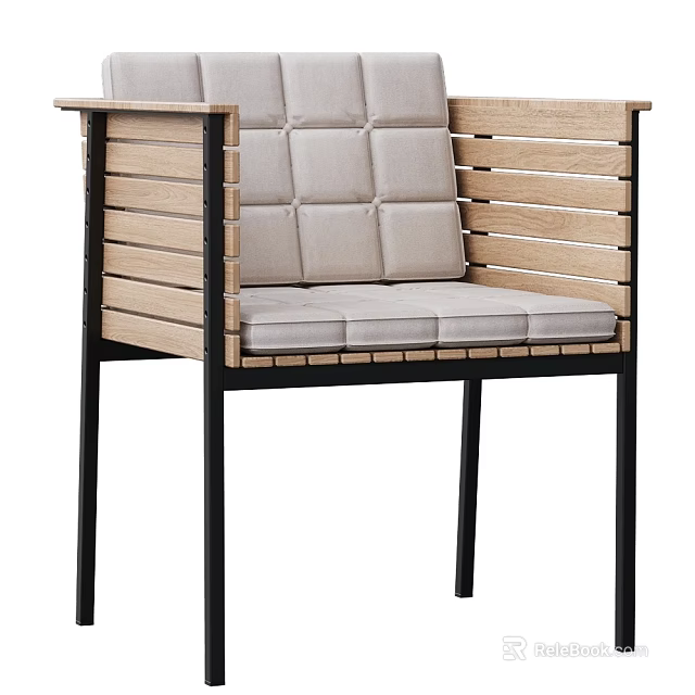Modern Outdoor Chair With Armrests Wooden Slatted Back Cushioned Seat Black Metal Frame 3d model 