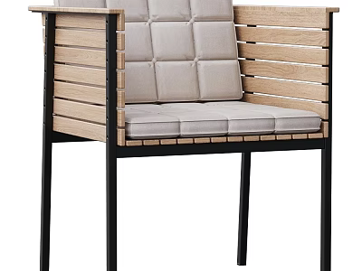 Modern Outdoor Chair With Armrests Wooden Slatted Back Cushioned Seat Black Metal Frame 3d model