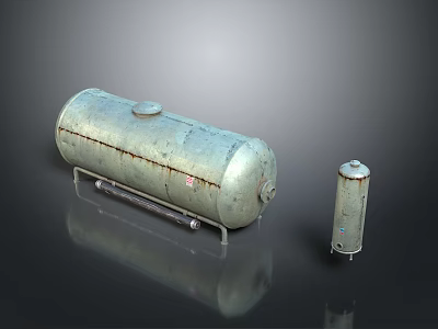 Rusty Metal Storage Tanks In Large And Small Sizes With Reflective Base And Dark Background 3d model