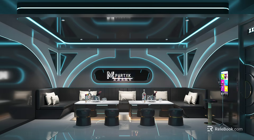 Modern Futuristic PartyK KTV Interior With Blue Lighting Sofas Tables And Stools 3d model 