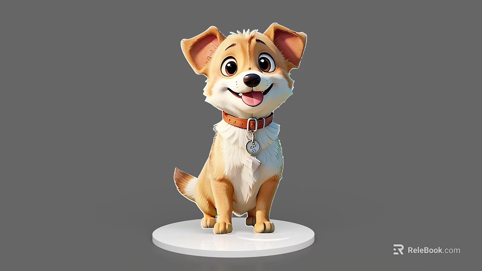 Cute Cartoon Reptile 3D Model Sitting On White Base With Collar And Tag 3d model 