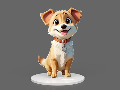 Cute Cartoon Reptile 3D Model Sitting On White Base With Collar And Tag 3d model