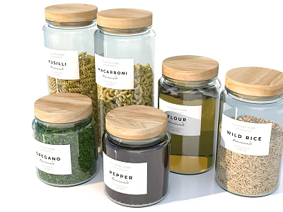 Glass Jars With Various Food Ingredients Including Pasta Rice Oil And Spices 3d model
