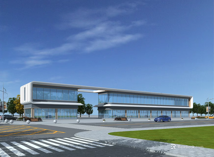 Modern Commercial Street With Contemporary Architecture Glass Curtain Walls Greenery And Parking Area 3d model 