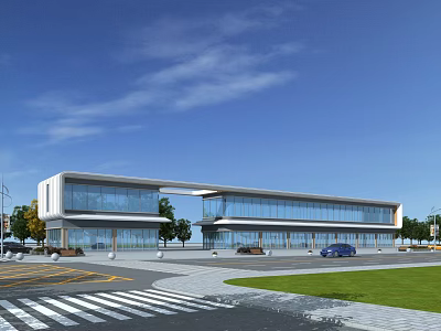 Modern Commercial Street With Contemporary Architecture Glass Curtain Walls Greenery And Parking Area 3d model