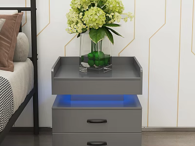 Gray Bedside Table with Drawers Clear Vase Green Flowers and Blue LED Light 3d model