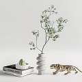 Decorative Ornament Set With White Spiral Vase Green Plant Book Succulent And Golden Leopard Figurine