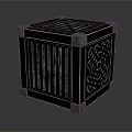 Ornamental Black Cube Scene Component With Golden Corner Accents And Intricate Striped Cut Out Details