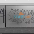 Startup Themed Showcase with Large Letter A and Hand Drawn Icons Like Lightbulb Rocket Gear