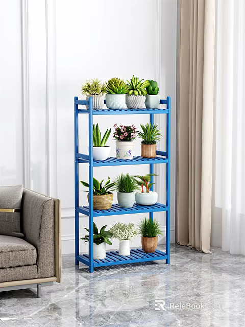 Stylish Indoor Blue Multi tiered Plant Stand With Various Potted Plants And Decorative Pots 3d model 