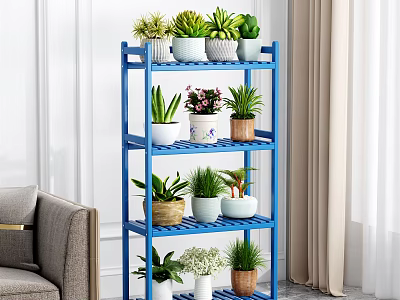 Stylish Indoor Blue Multi tiered Plant Stand With Various Potted Plants And Decorative Pots 3d model