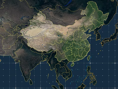 High resolution satellite map of China geographical region with surrounding countries terrain details 3d model