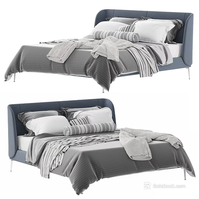 Double Bed with Blue Upholstered Headboard Gray White Striped Blankets and Multiple Pillows 3d model