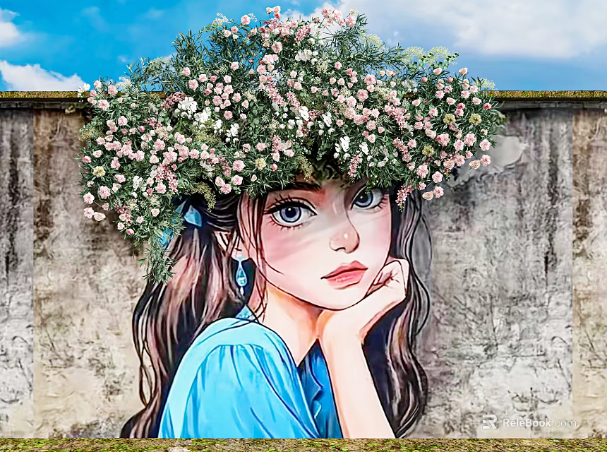 Vertical Garden Wall With Pink Flowers And Girl Mural On Textured Wall Under Blue Sky 3d model 