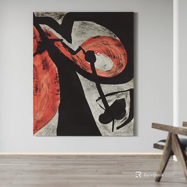 Abstract Painting With Red Black Gray Elements In Minimalist Room 3d model