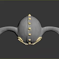 Ornate Metallic Helmet With Silver Gold Accents Spiked Rivets And Horn Like Protrusions