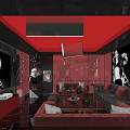 Luxury Modern KTV Lounge With Red Interior Sofa Coffee Table And Black White Posters