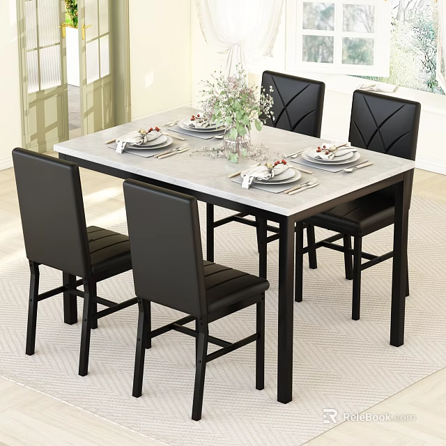 Modern Dining Room Interior With Rectangular Table Black Chairs Tableware And Floral Vase 3d model