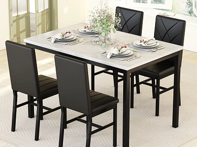 Modern Dining Room Interior With Rectangular Table Black Chairs Tableware And Floral Vase 3d model