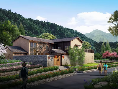 Traditional Guesthouse Building Surrounded by Green Mountain Forest and Scenic Garden Path 3d model