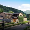 Traditional Guesthouse Building Surrounded by Green Mountain Forest and Scenic Garden Path